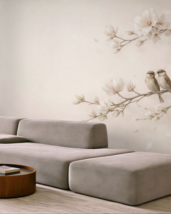 Fototapeta magnolie z ptaszkami w beżu