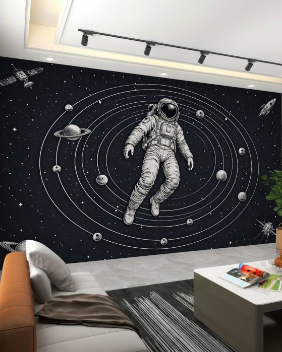 Fototapeta astronauta wśród planet retro