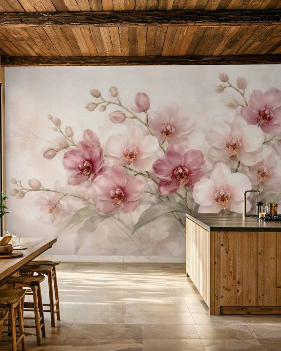 Fototapeta pudrowe orchidee w świetlistej kompozycji