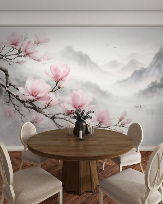 Fototapeta magnolie nad mglistym jeziorem górskim