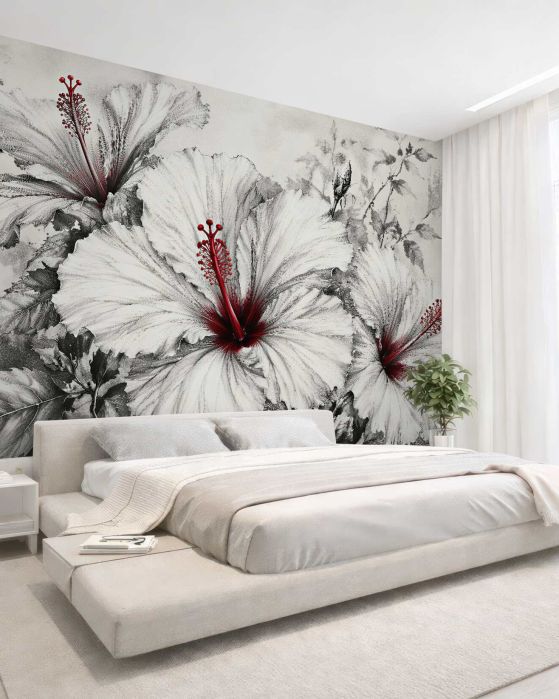 Fototapeta hibiskusy z czerwonym akcentem