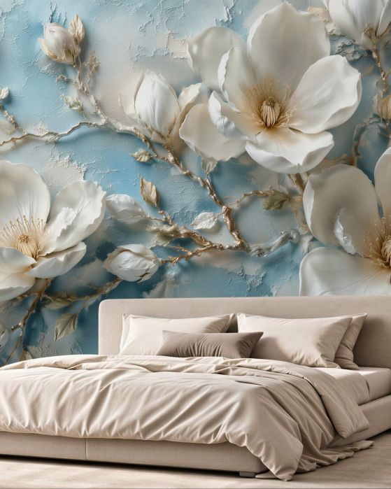 Fototapeta magnolie 3d na błękitnym tle