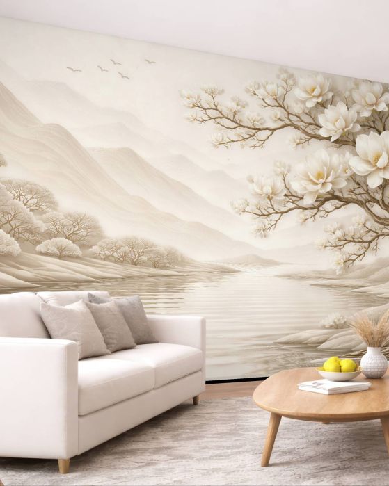 Fototapeta kremowa magnolia nad spokojną wodą