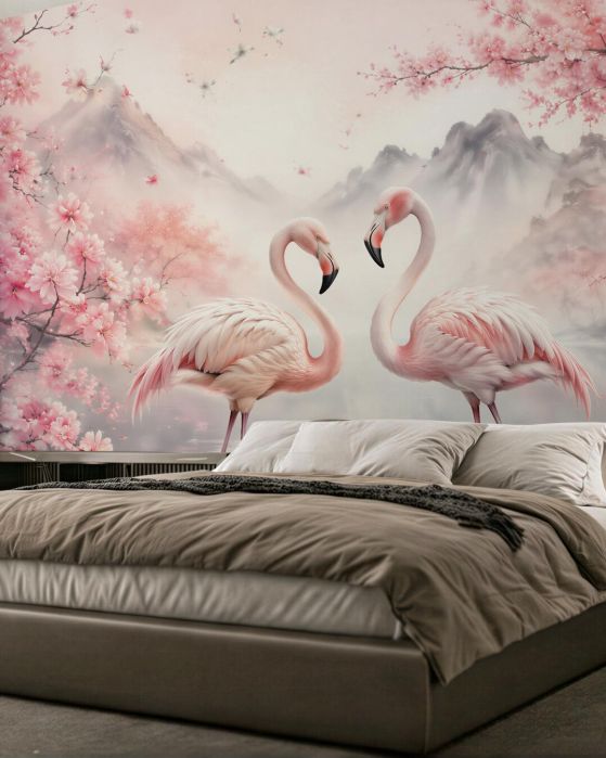 Fototapeta flamingi w kwitnącej idylli