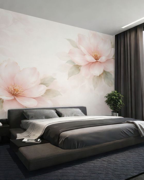 Fototapeta pudrowe magnolie ze złotą linią