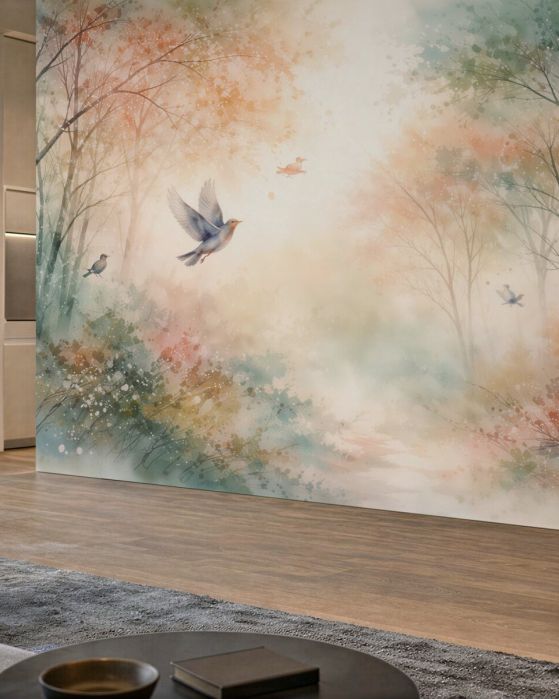 Fototapeta leśna mgła z lecącymi ptakami