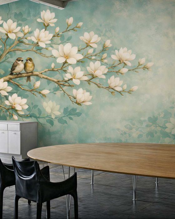 Fototapeta magnolie z ptaszkami na gałęzi