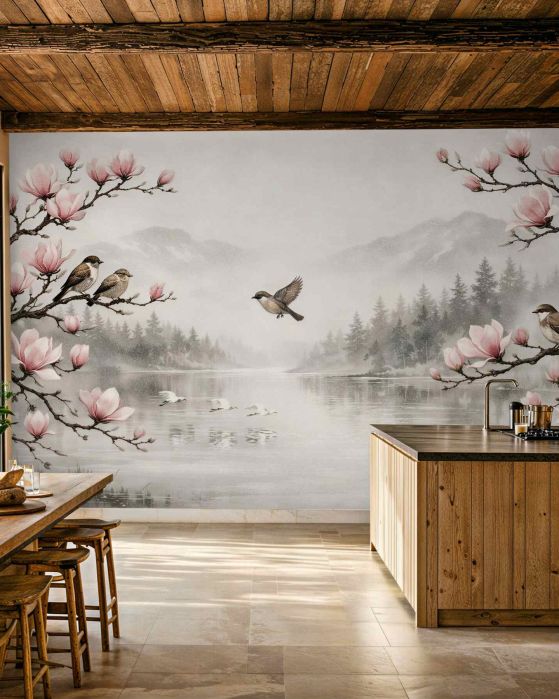 Fototapeta magnolie nad mglistym jeziorem