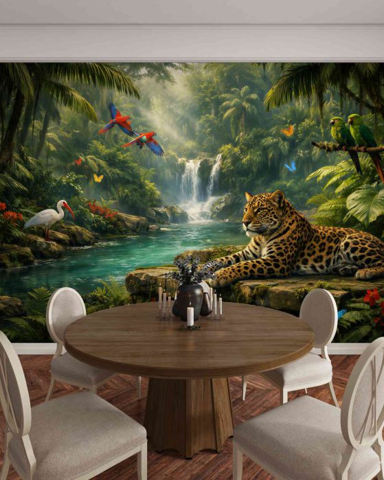 Fototapeta dżungla z jaguarem i wodospadem