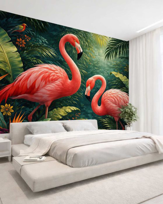 Fototapeta różowe flamingi w tropikalnej dżungli