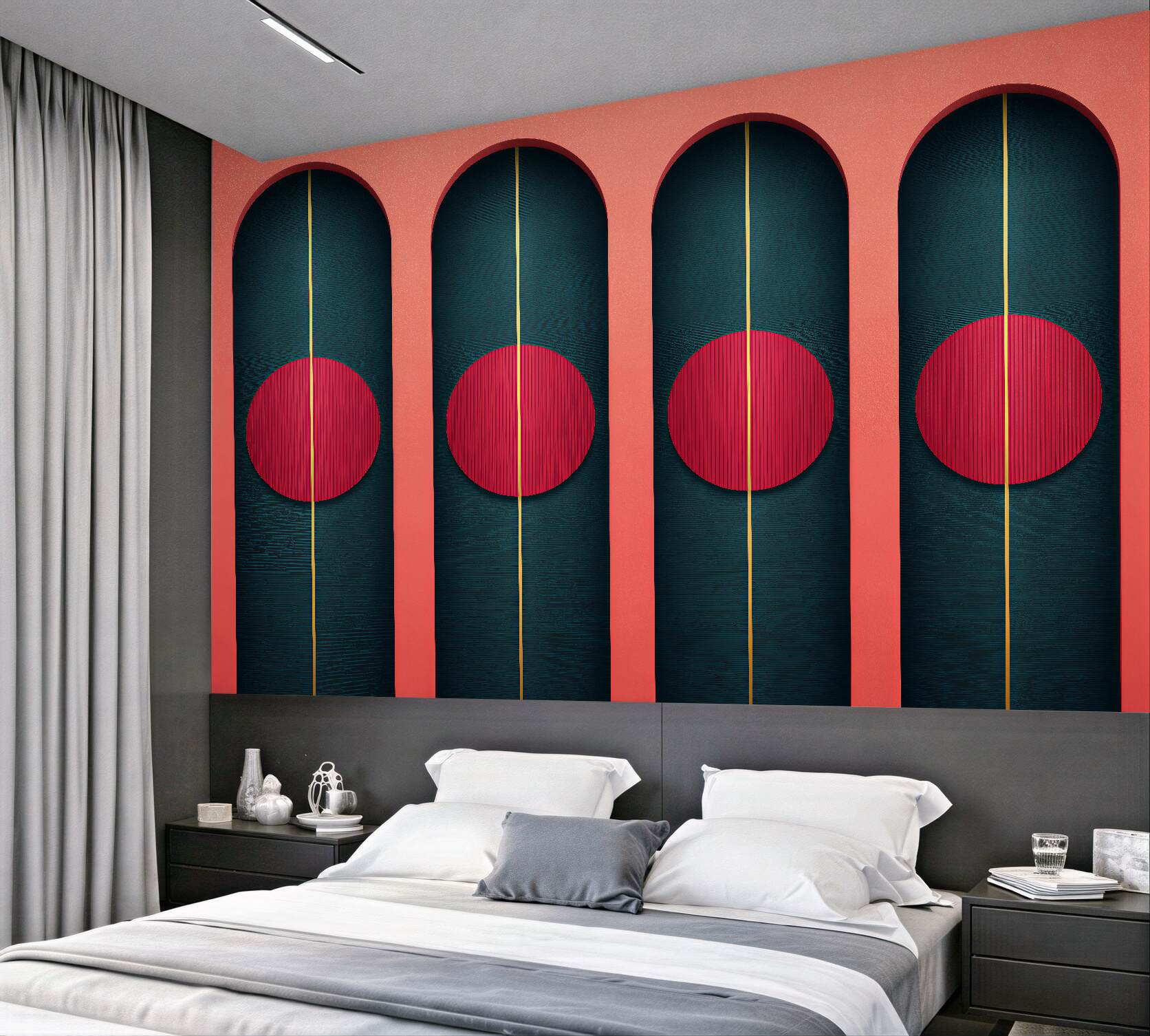 Fototapeta geometryczne arkady z czerwonym akcentem