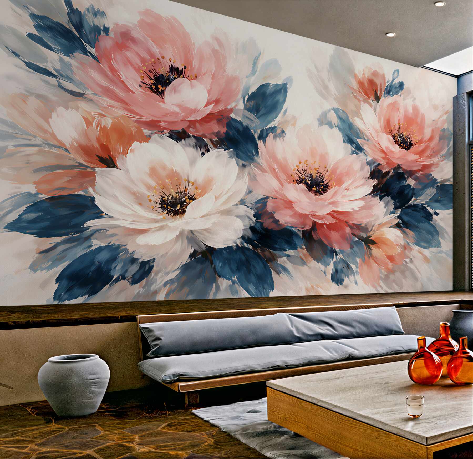 Fototapeta akwarelowe peonie w błękicie