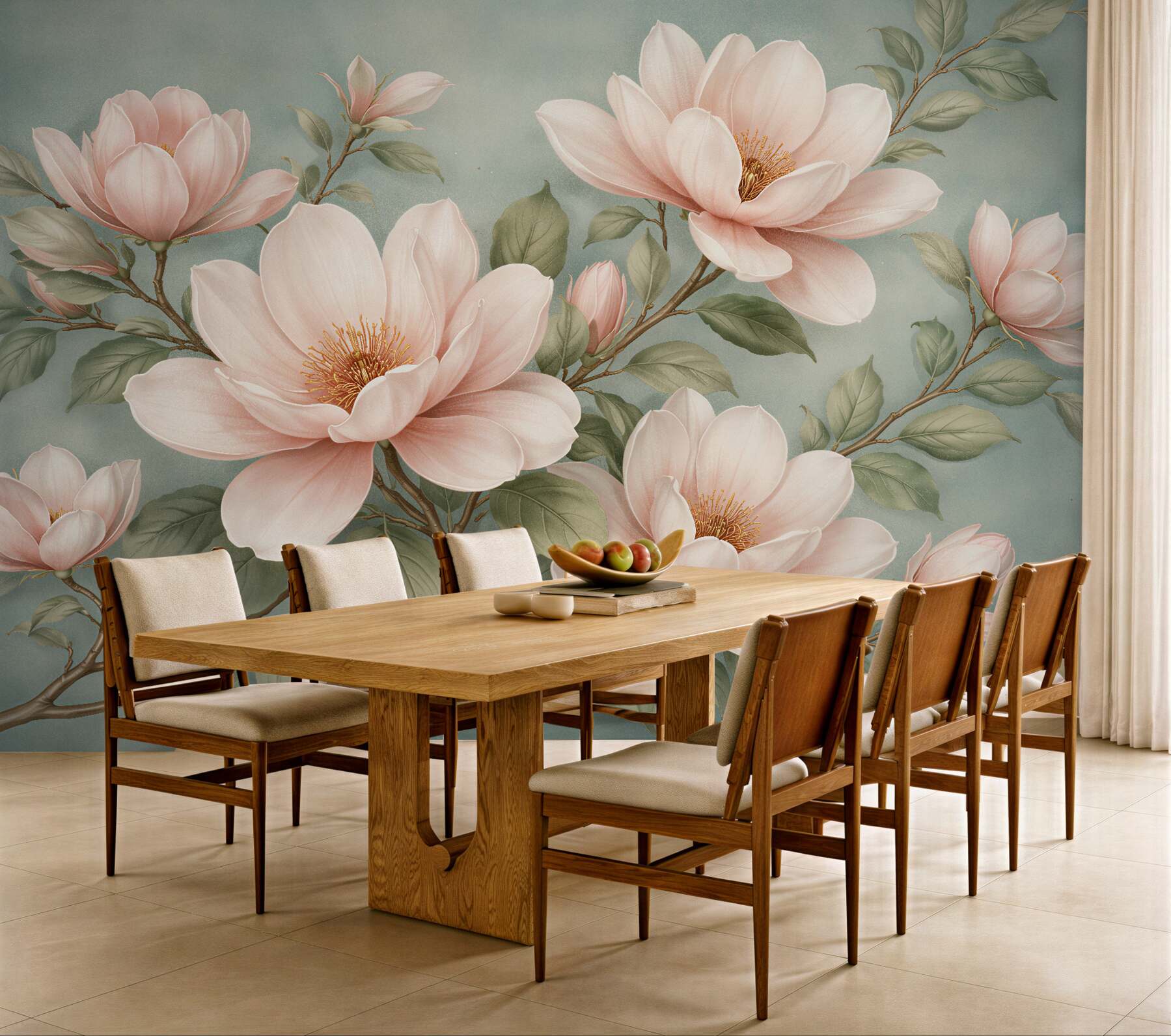 Fototapeta pudrowe magnolie na turkusowym tle