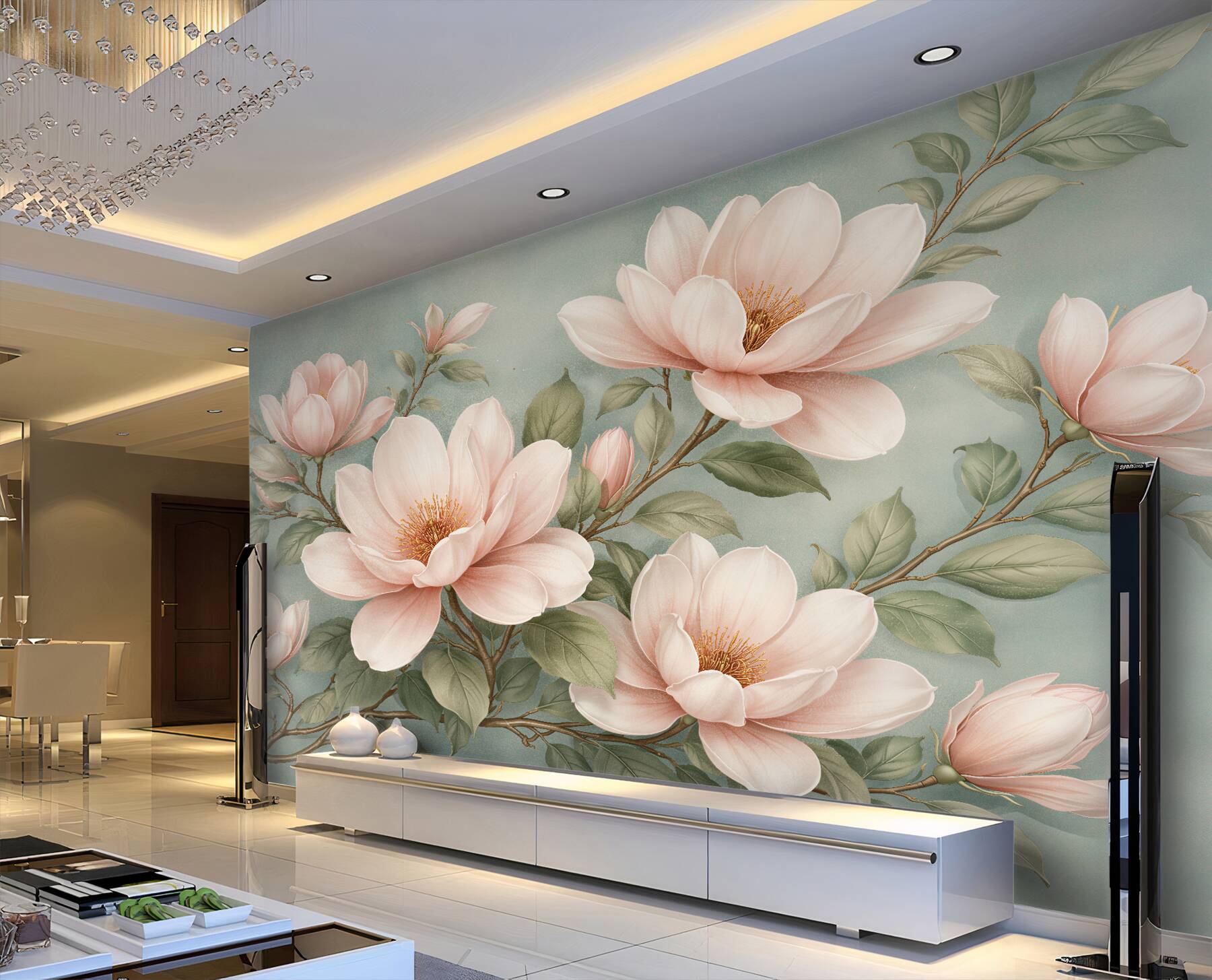 Fototapeta pudrowe magnolie na turkusowym tle