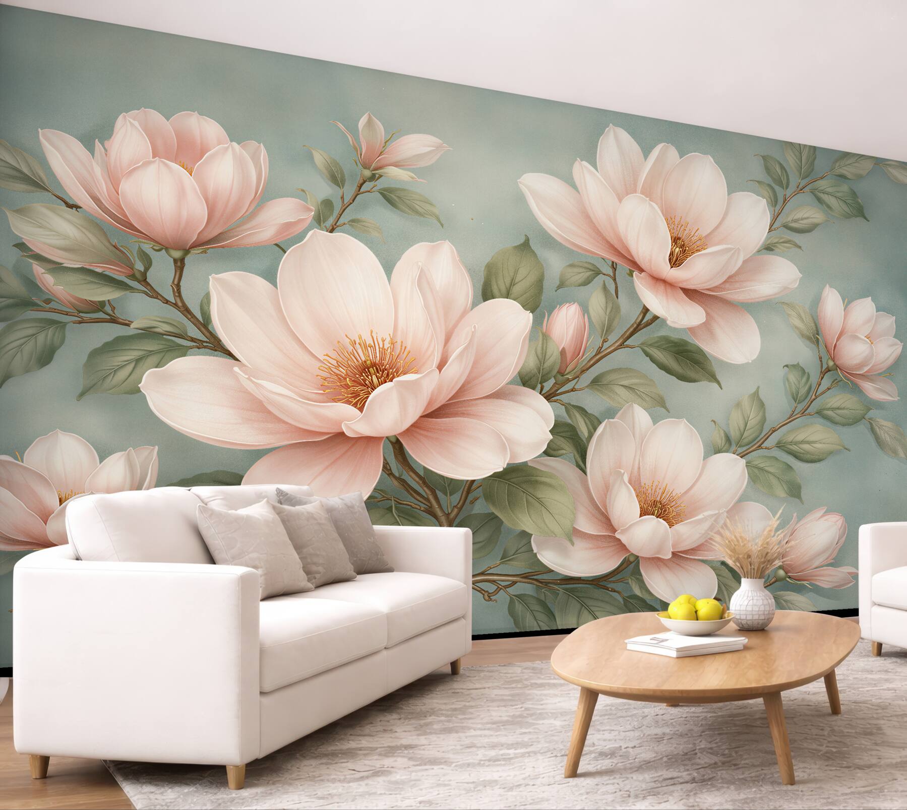 Fototapeta pudrowe magnolie na turkusowym tle