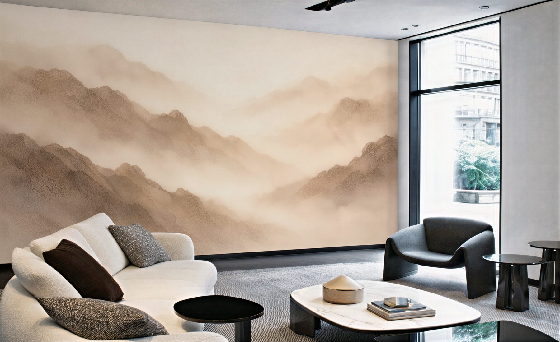 Fototapeta mgliste góry w beżowych tonach