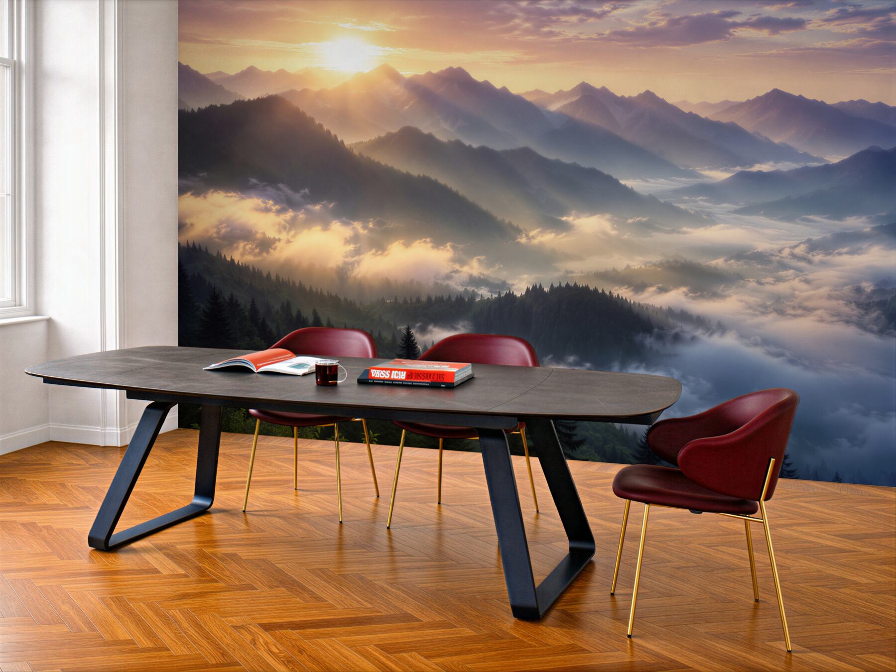 Fototapeta wschód słońca nad mglistymi górami