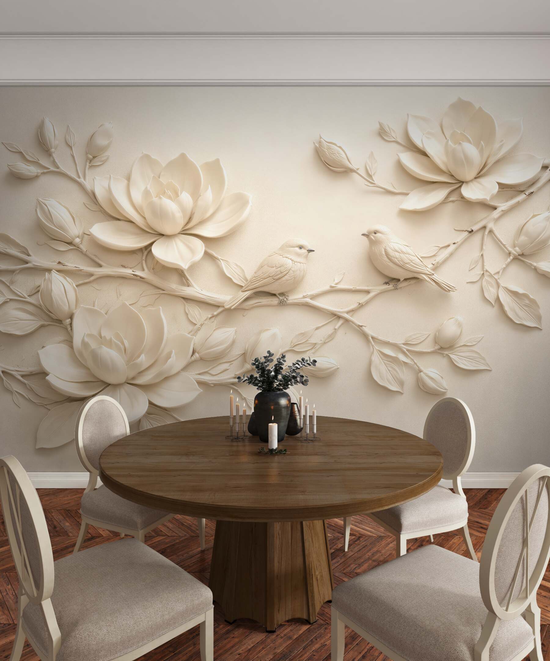 Fototapeta kremowe magnolie z ptakami