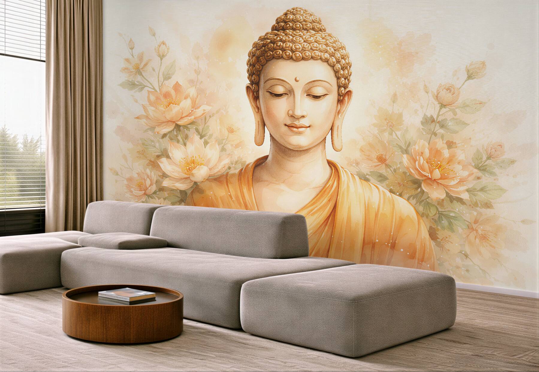 Fototapeta złoty budda w kwiatach