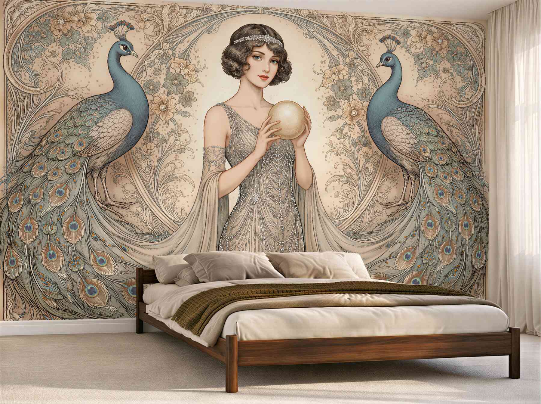 Fototapeta pawie i dama art déco