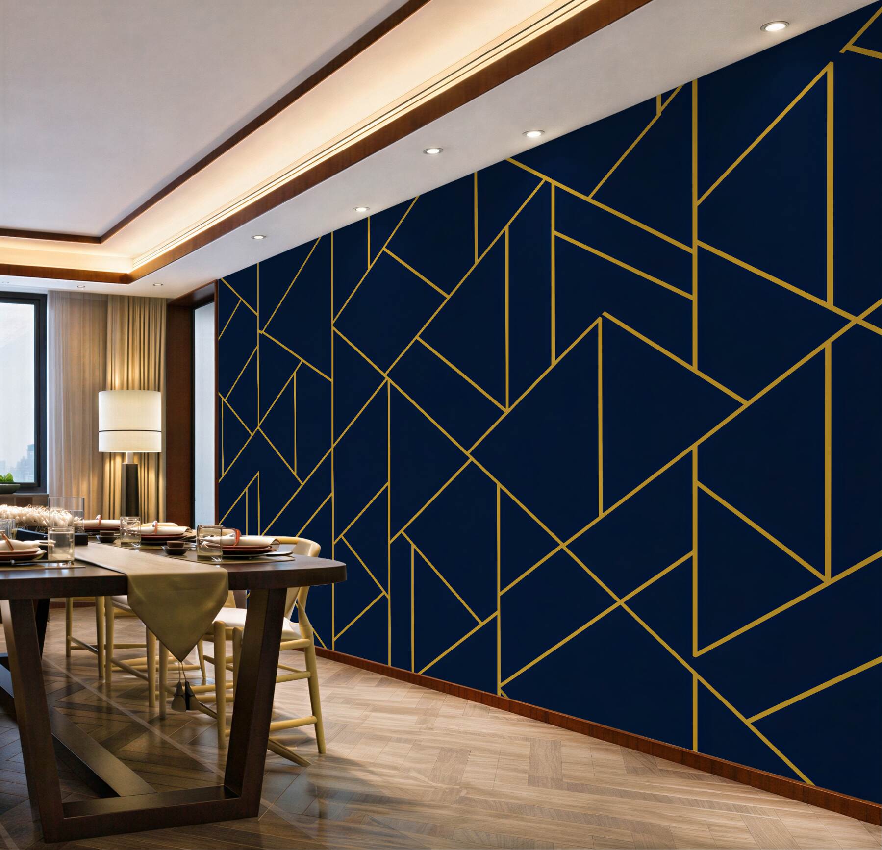 Fototapeta granatowa geometria ze złotą linią