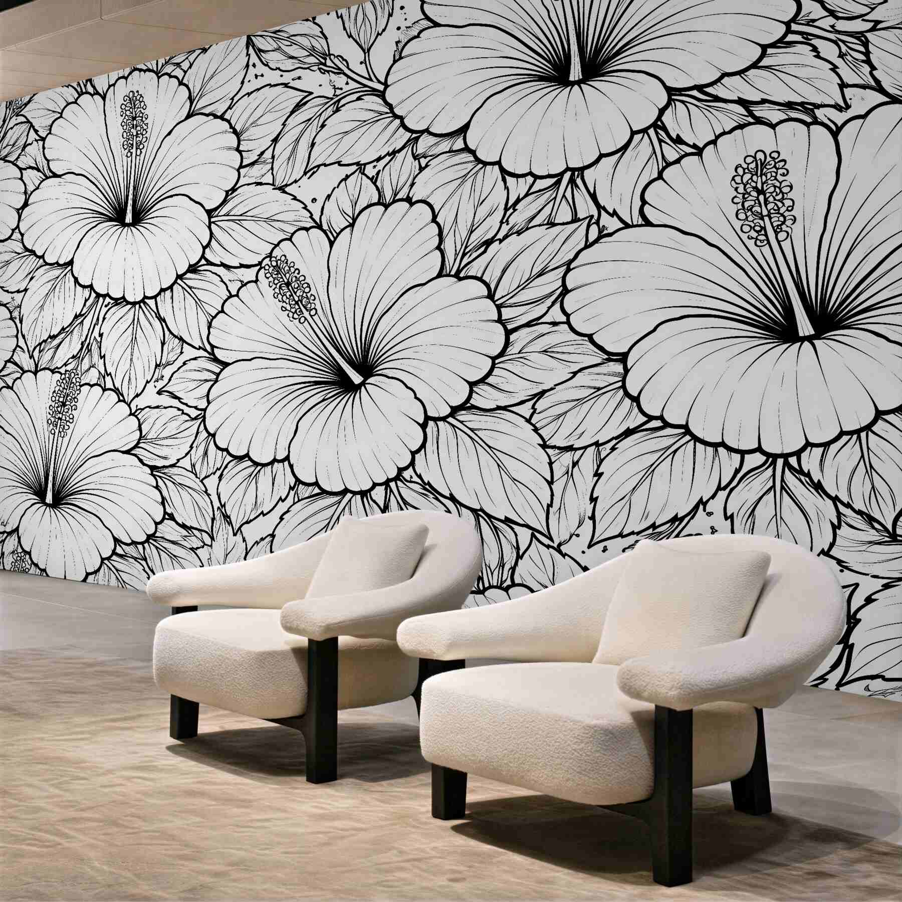 Fototapeta hibiskusy w czarno-białym konturze