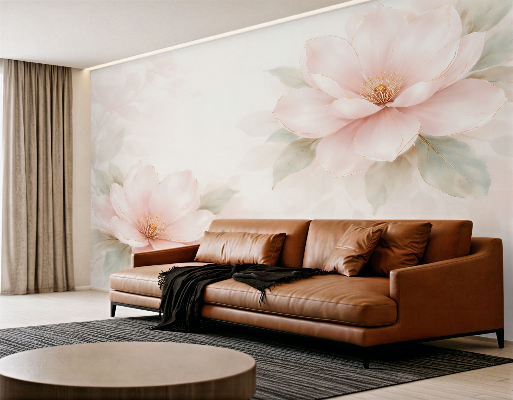 Fototapeta pudrowe magnolie ze złotą linią