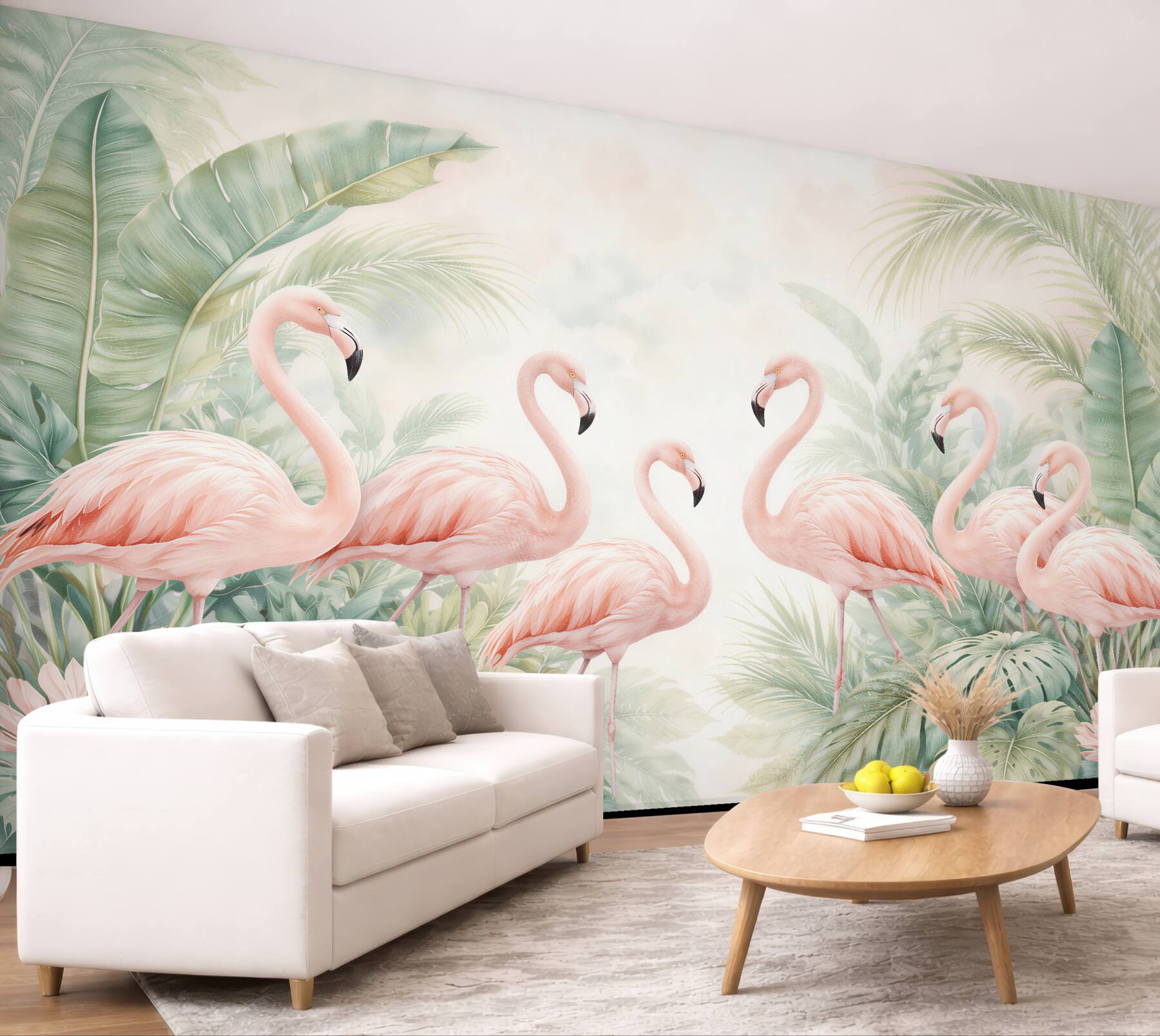 Fototapeta flamingi w tropikalnych liściach