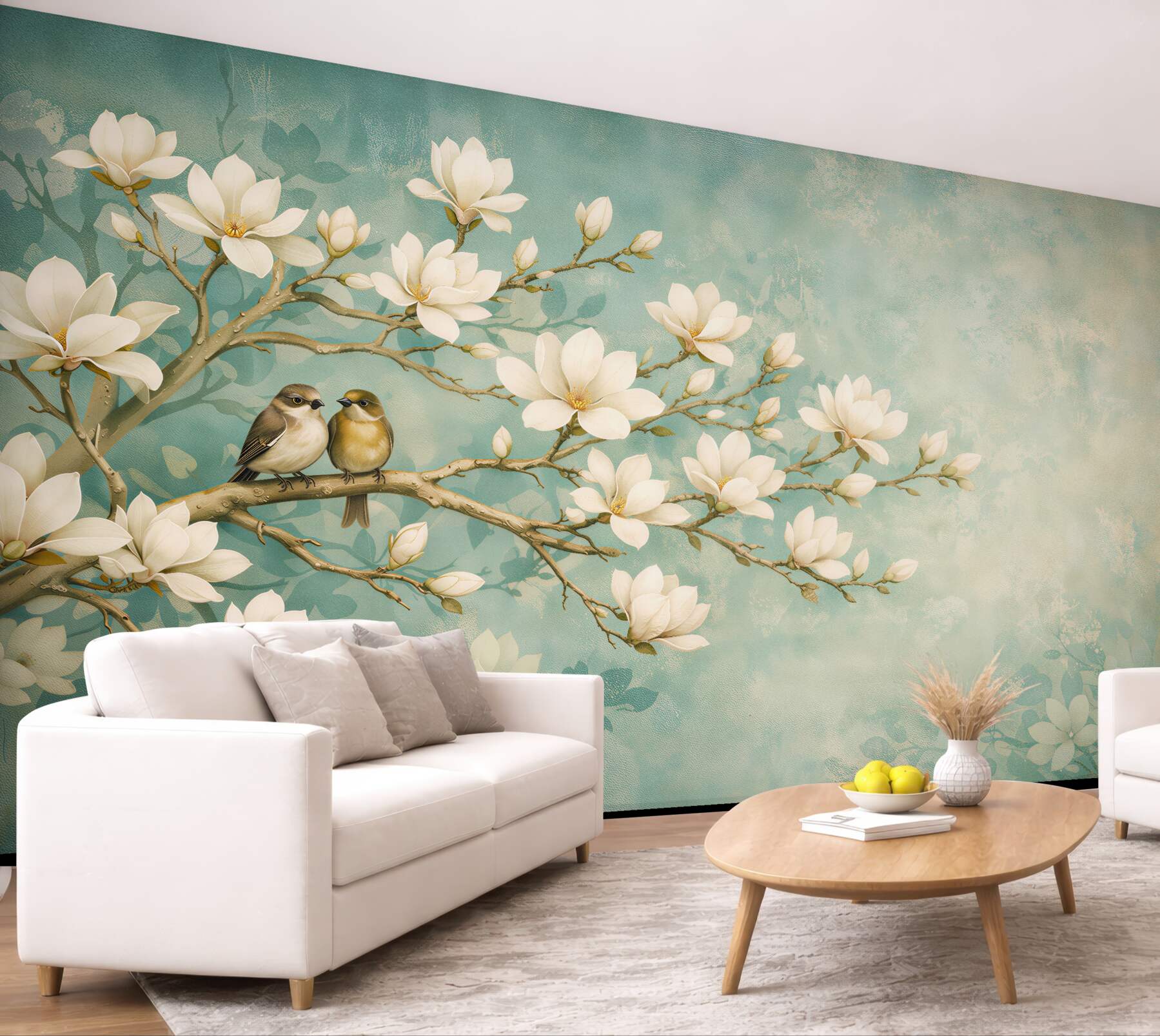 Fototapeta magnolie z ptaszkami na gałęzi