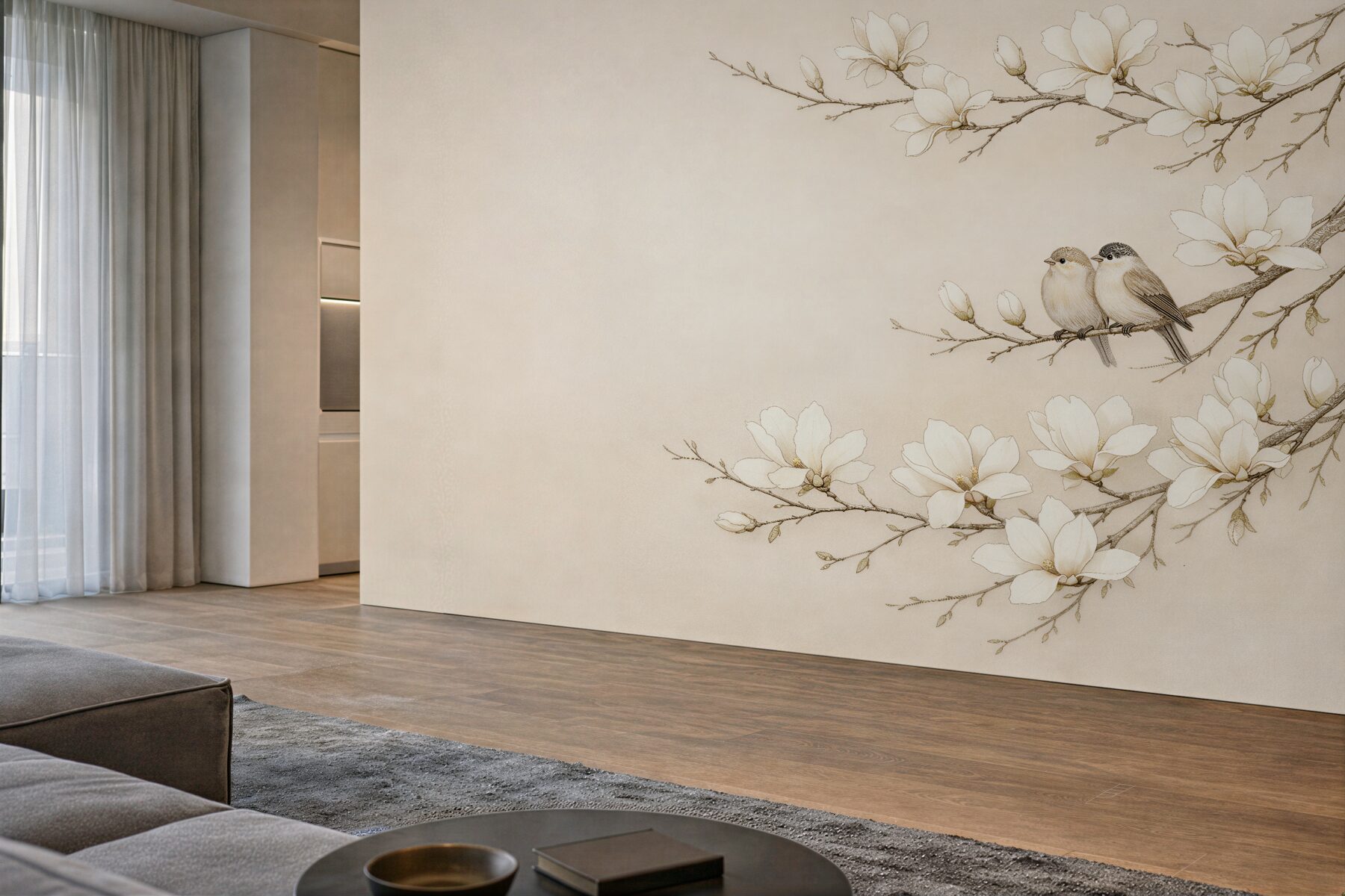 Fototapeta magnolie z ptaszkami w beżu