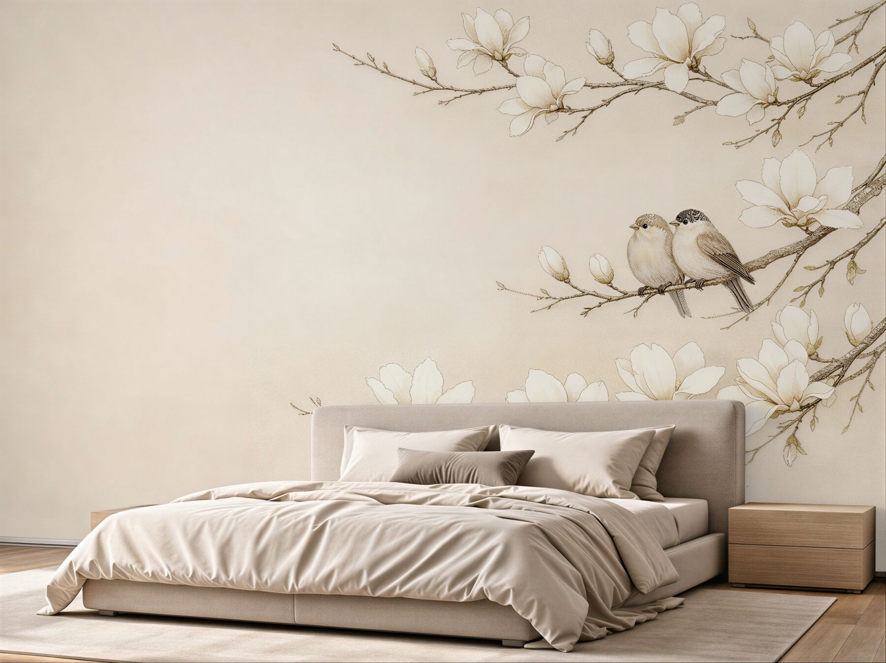 Fototapeta magnolie z ptaszkami w beżu