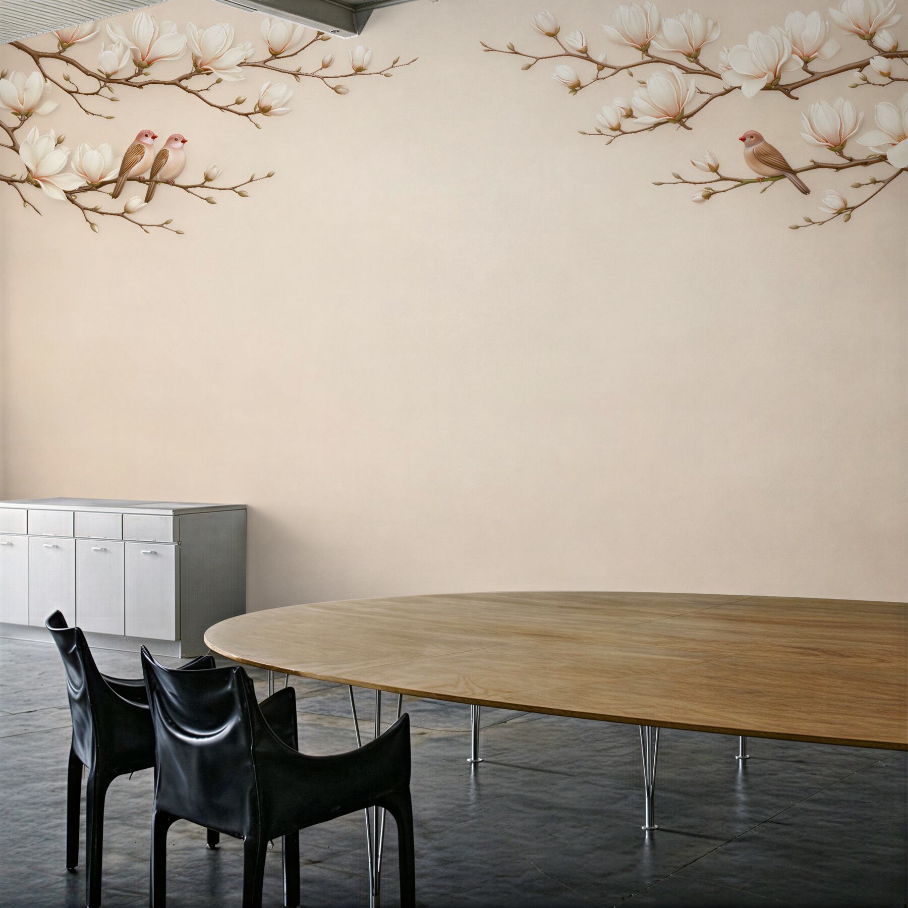 Fototapeta magnolie z ptakami w beżu