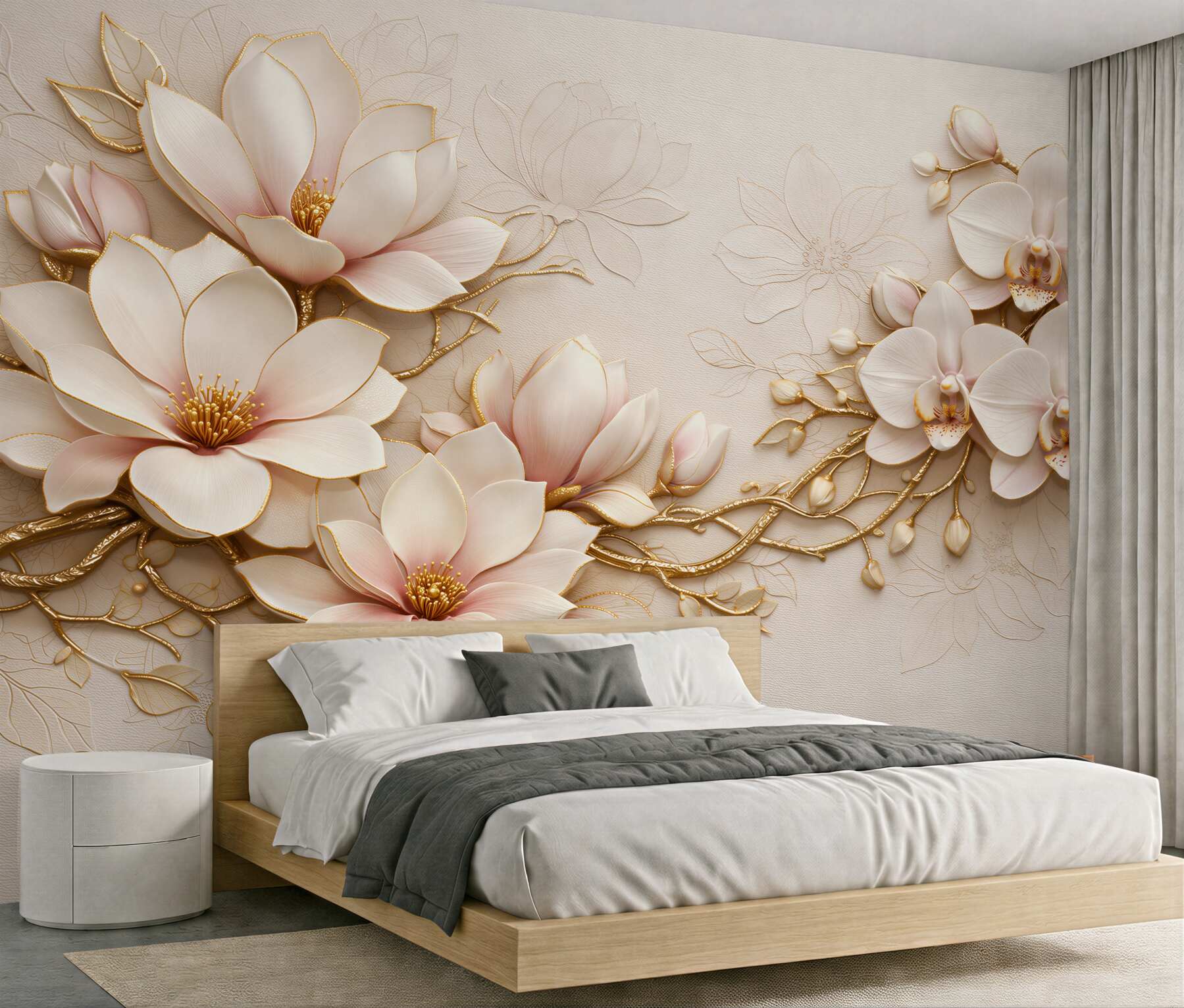 Fototapeta złote magnolie i orchidee glamour