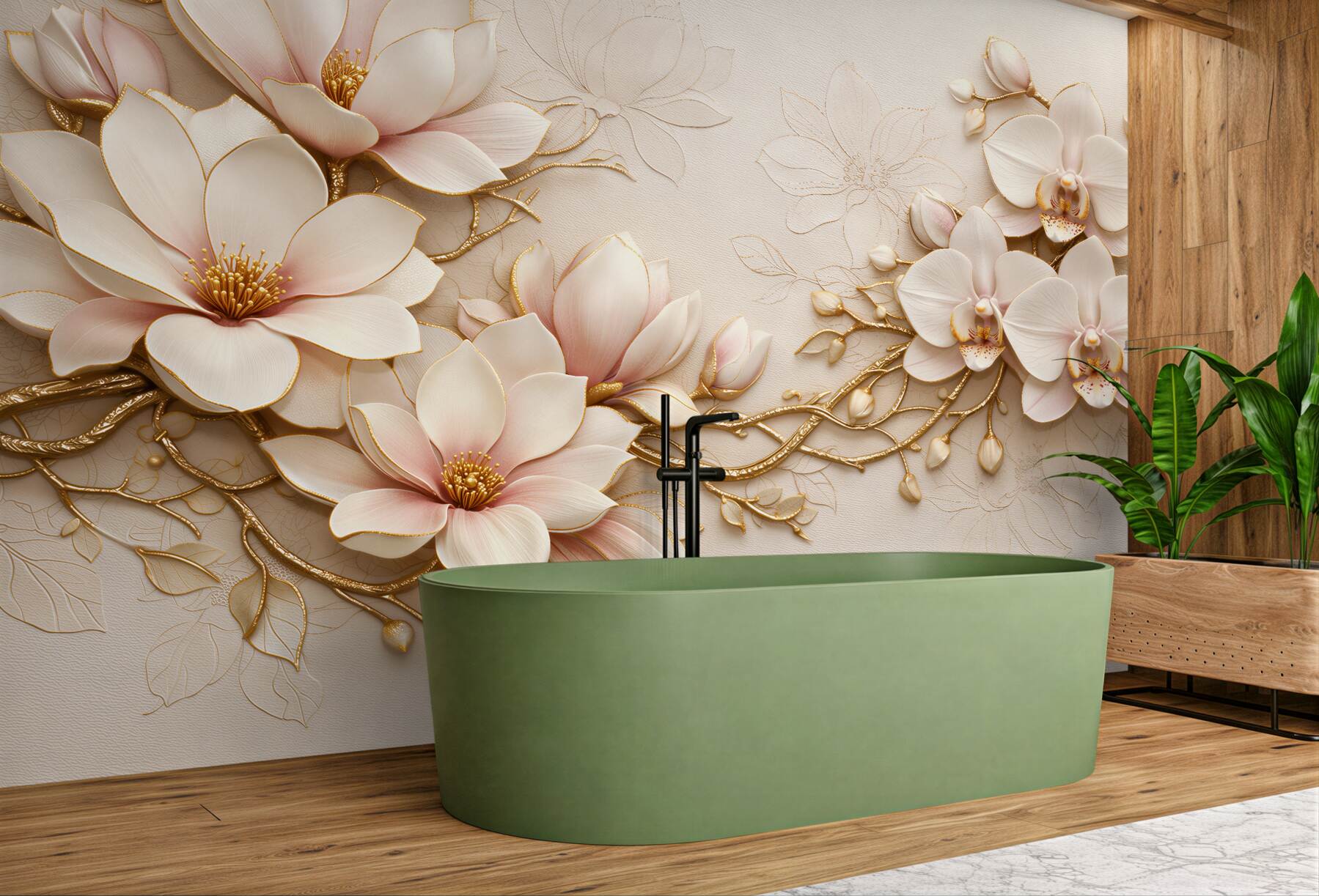 Fototapeta złote magnolie i orchidee glamour