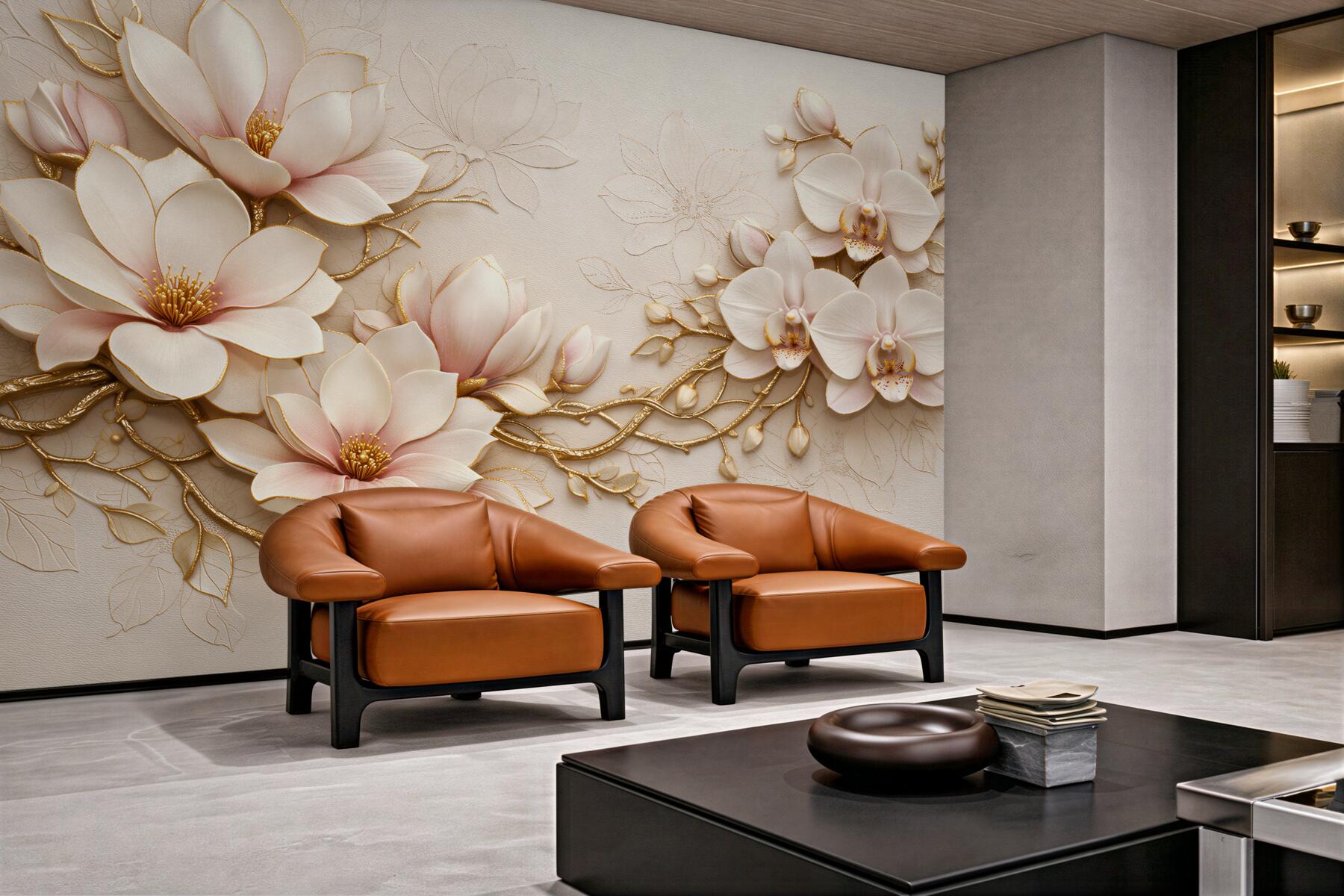 Fototapeta złote magnolie i orchidee glamour