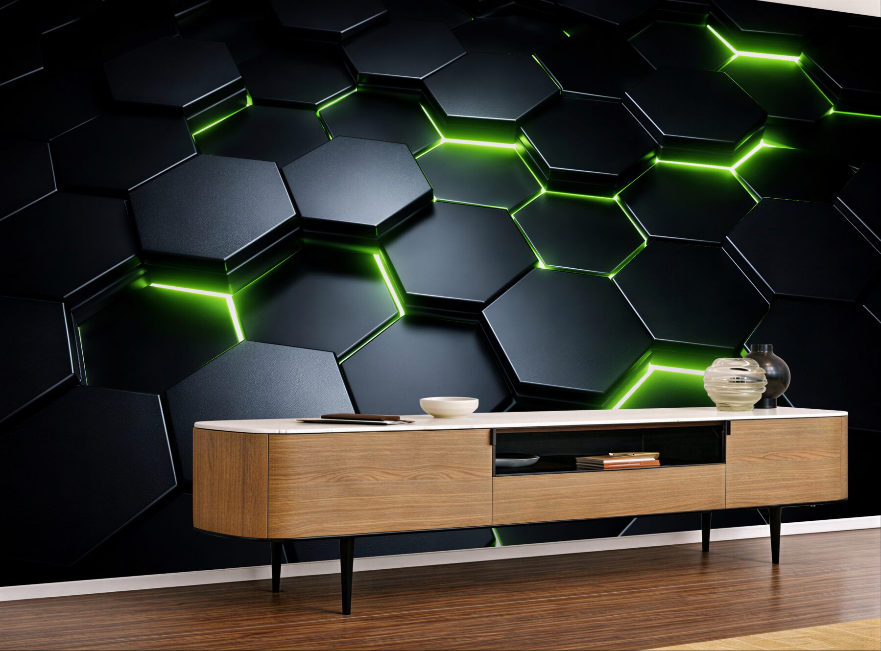 Fototapeta zielone heksagony neonowe 3d