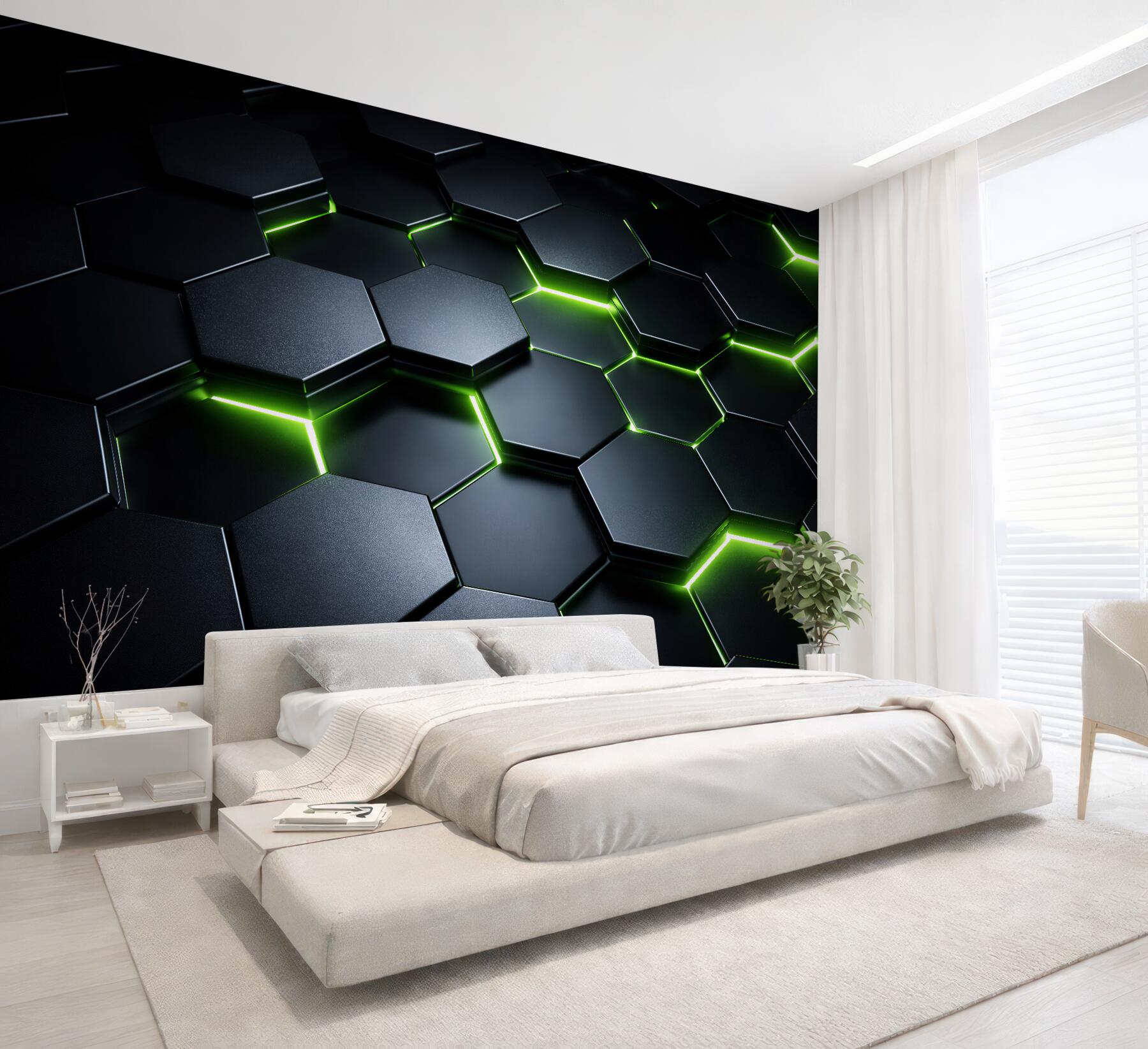 Fototapeta zielone heksagony neonowe 3d