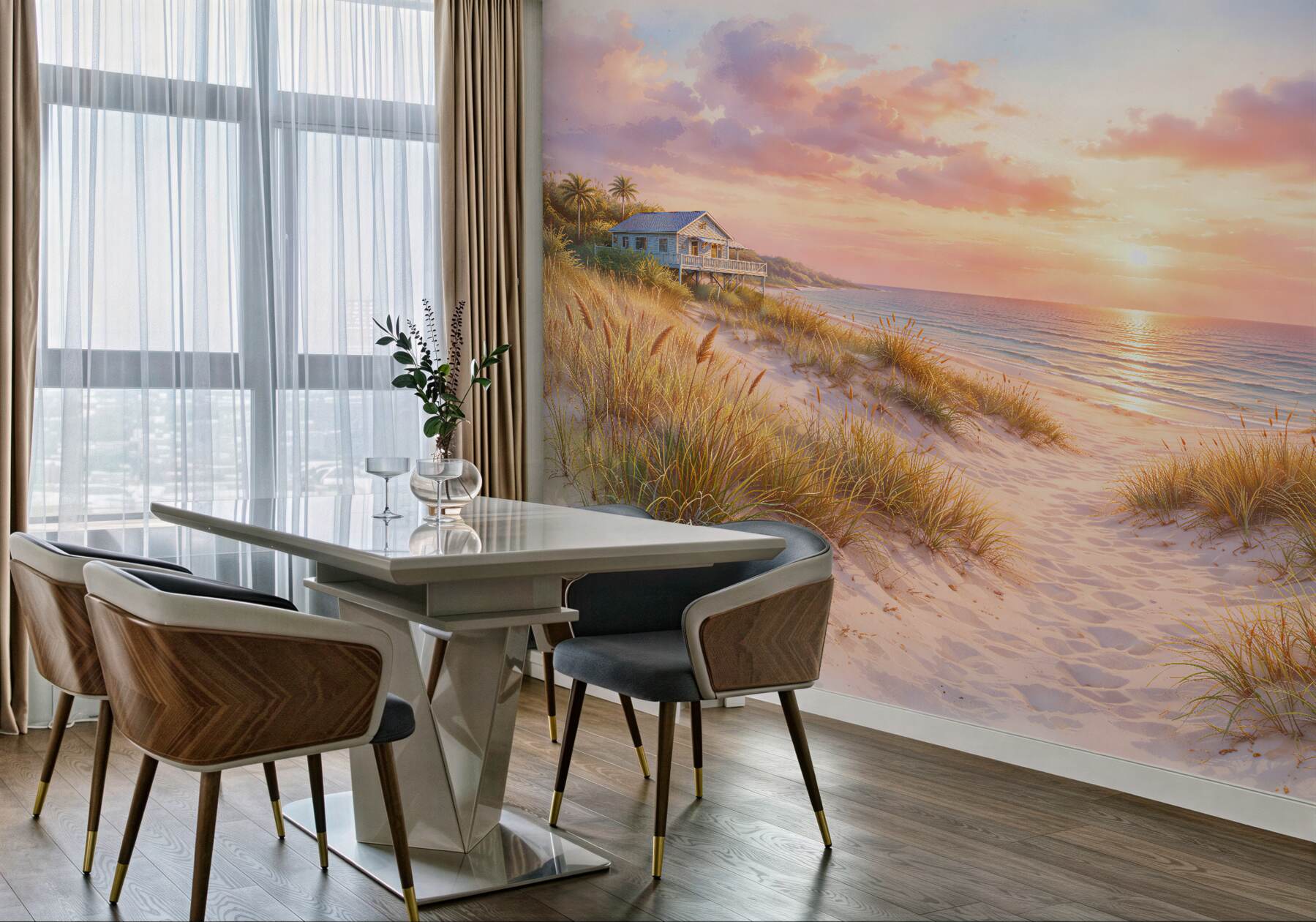 Fototapeta różowy zachód nad plażą